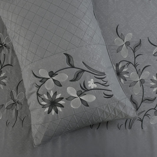 JSHOMEFINISHING Premium Embroidered Cotton Blend Bedsheet with 2 Quilted Pillow Covers | Soft & Breathable Double Bed Bedsheet | Elegant Floral Vine Embroidery | Luxury Bedding Set | Light Grey